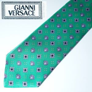 Gianni Versace Vintage Neck Tie Green Aqua Medallion Logo Pattern